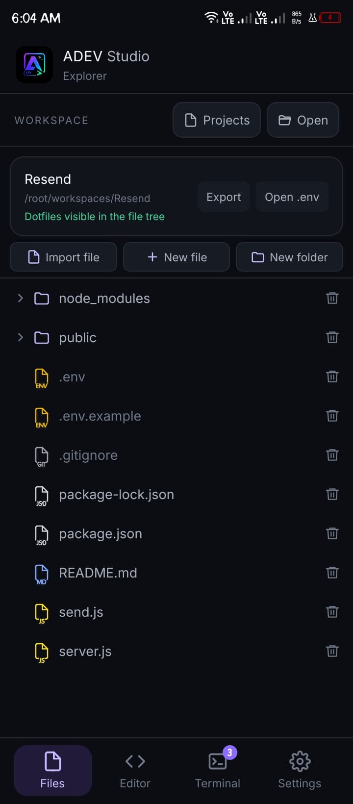 ADEV Studio Files: Explorer — open a project, import, new file
